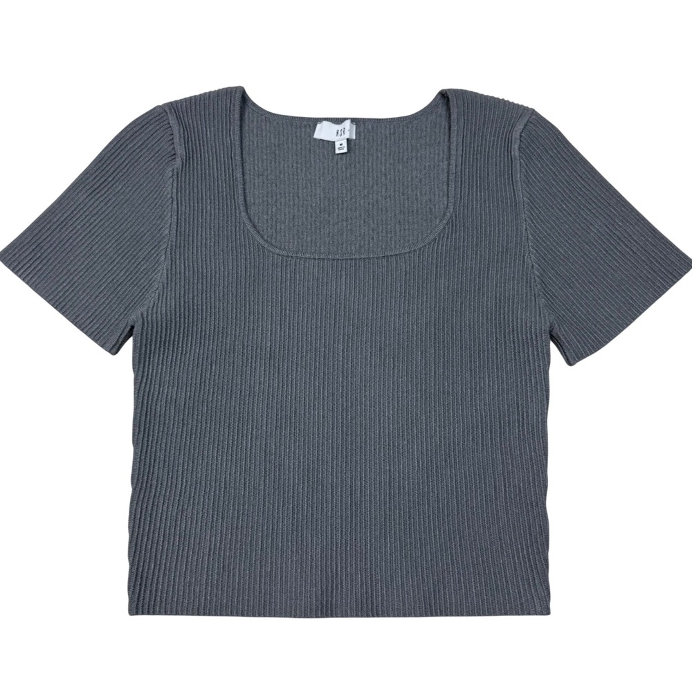 NSR Ribbed Knit Cropped Top Womens Size M Grey Square Neck Short Sleeve Bodycon